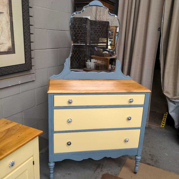 Vintage *FUSION* Painted Dresser w Mirror/Castors - Buttermilk + Blue Pine