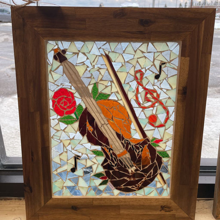 'The Violin' Mosaic Art Piece in Natural Wood Frame