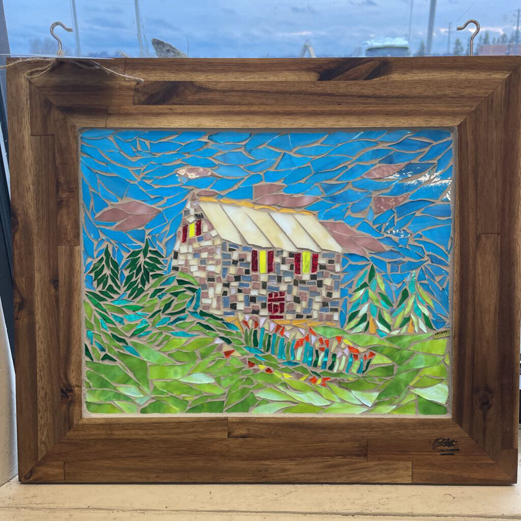 'The Stone Farmhouse' Mosaic Art Piece in Natural Wood Frame