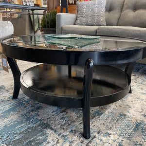 Round Glass Coffee Table w Black Base & Lower Shelf