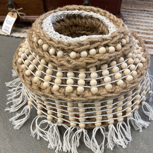 Small - Hand-Crafted Jute Planter Basket - White Rope & Wooden Beads