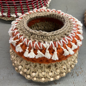 Small - Hand-Crafted Jute Planter Basket - Orange Wool & Wooden Beads