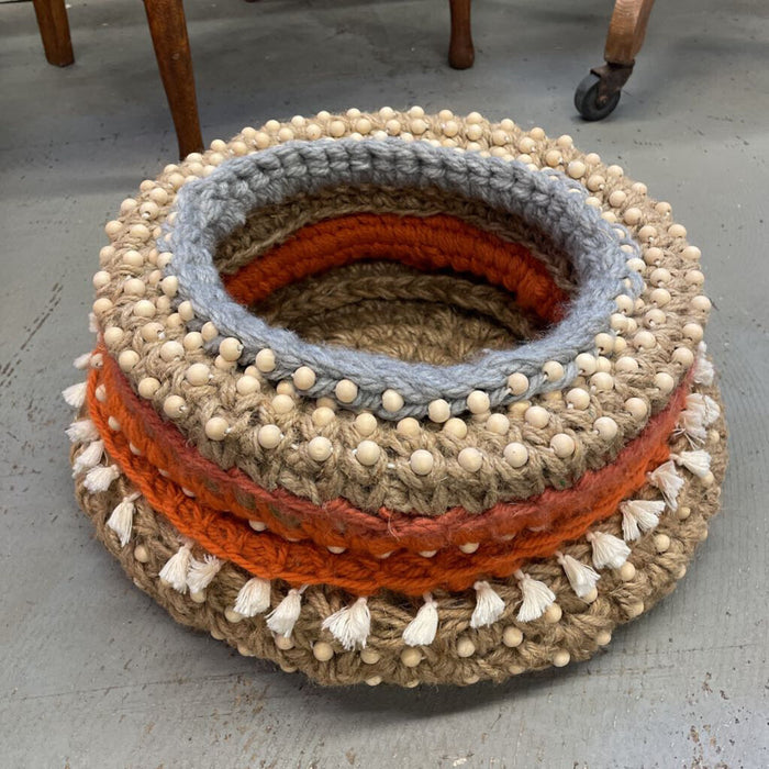 Medium - Hand-Crafted Jute Planter Basket - Orange/ Blue Wool