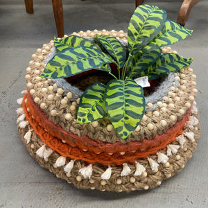 Medium - Hand-Crafted Jute Planter Basket - Orange/ Blue Wool