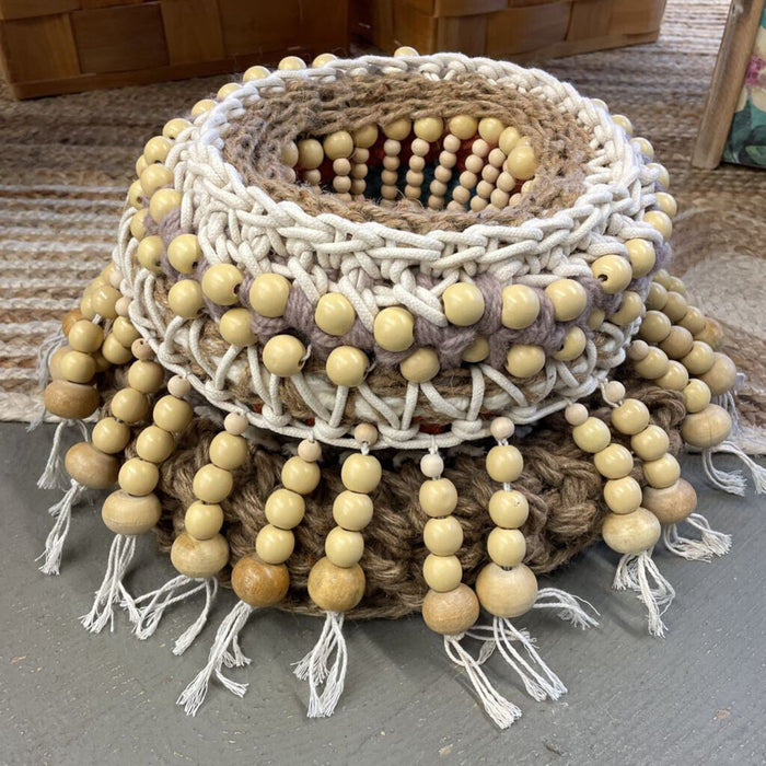 Medium - Hand-Crafted Jute Planter Basket - White Rope & Wooden Beads