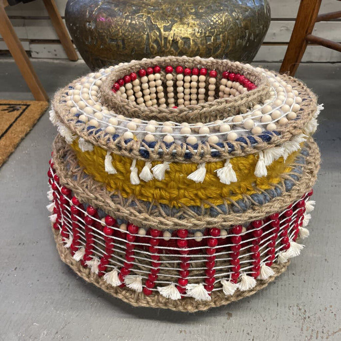 Large - Hand-Crafted Jute Planter Basket - Red Wooden Beads