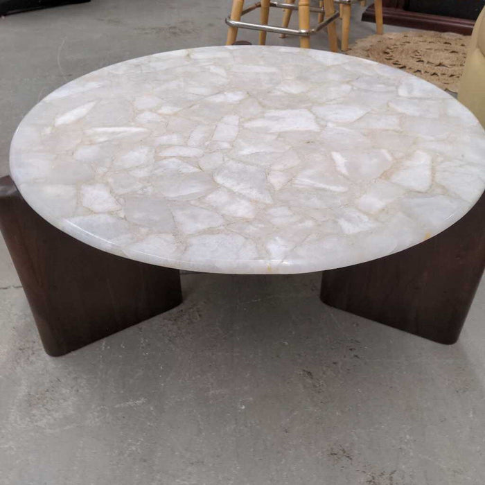 Cb2 'Santoro' Round Coffee Table w White Quartz Top w Acacia Wood Legs