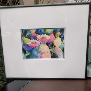 'Cactus Flower' Watercolor in Green Frame