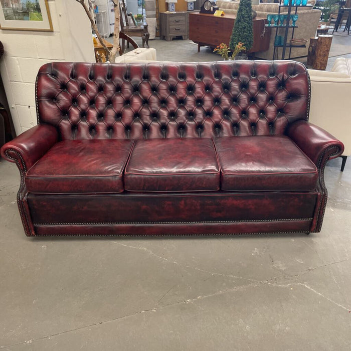 Red Wine Distressed Tufted Leather Sofa