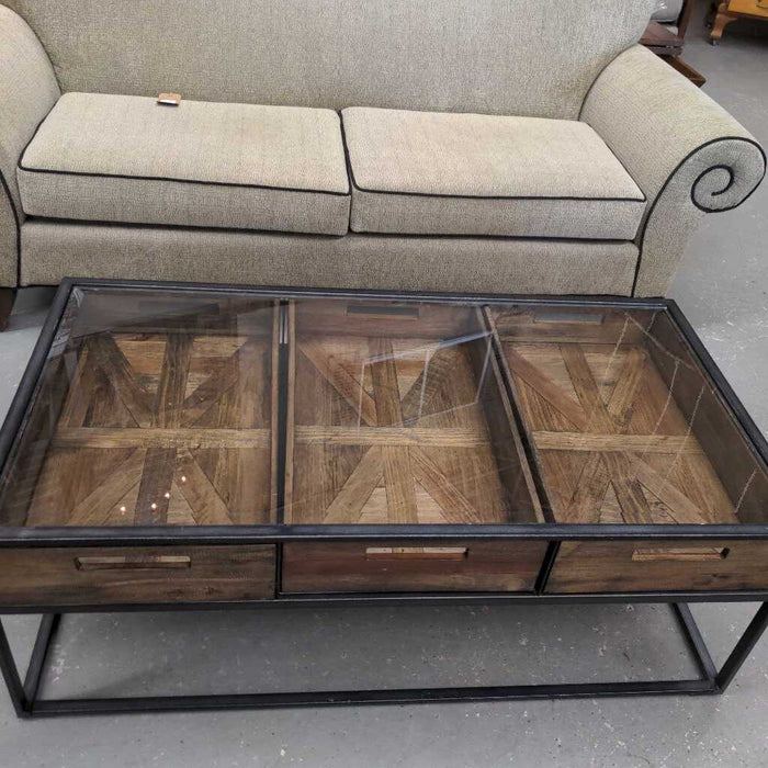 Rustic Metal Framed Glass Top Coffee Table w 3 Wood Baskets