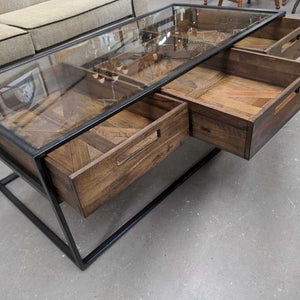 Rustic Metal Framed Glass Top Coffee Table w 3 Wood Baskets