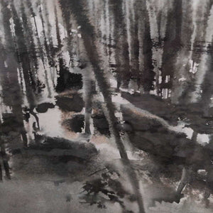 Watercolor on Paper "Dark Forest" w Gold Metal Frame by David Sinclair