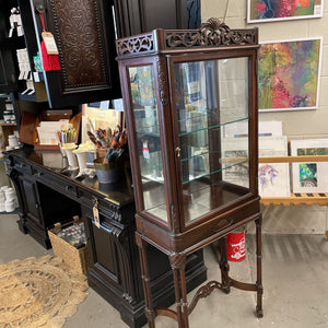 Antique Mahogany Display Cabinet w Carved Topper & Glass Shelves