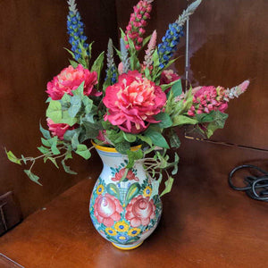 Painted Terra Cotta Vase w Red & Navy Flower