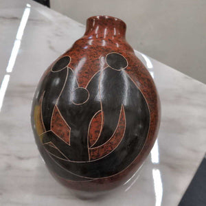Brown Ceramic Laying Vase w Black Sketch