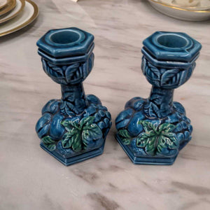 Pair of Blue Ceramic Candleholder w Fruit Base